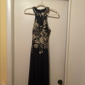 Cachet Blue and Gold Embellished Halter Maxi Gown